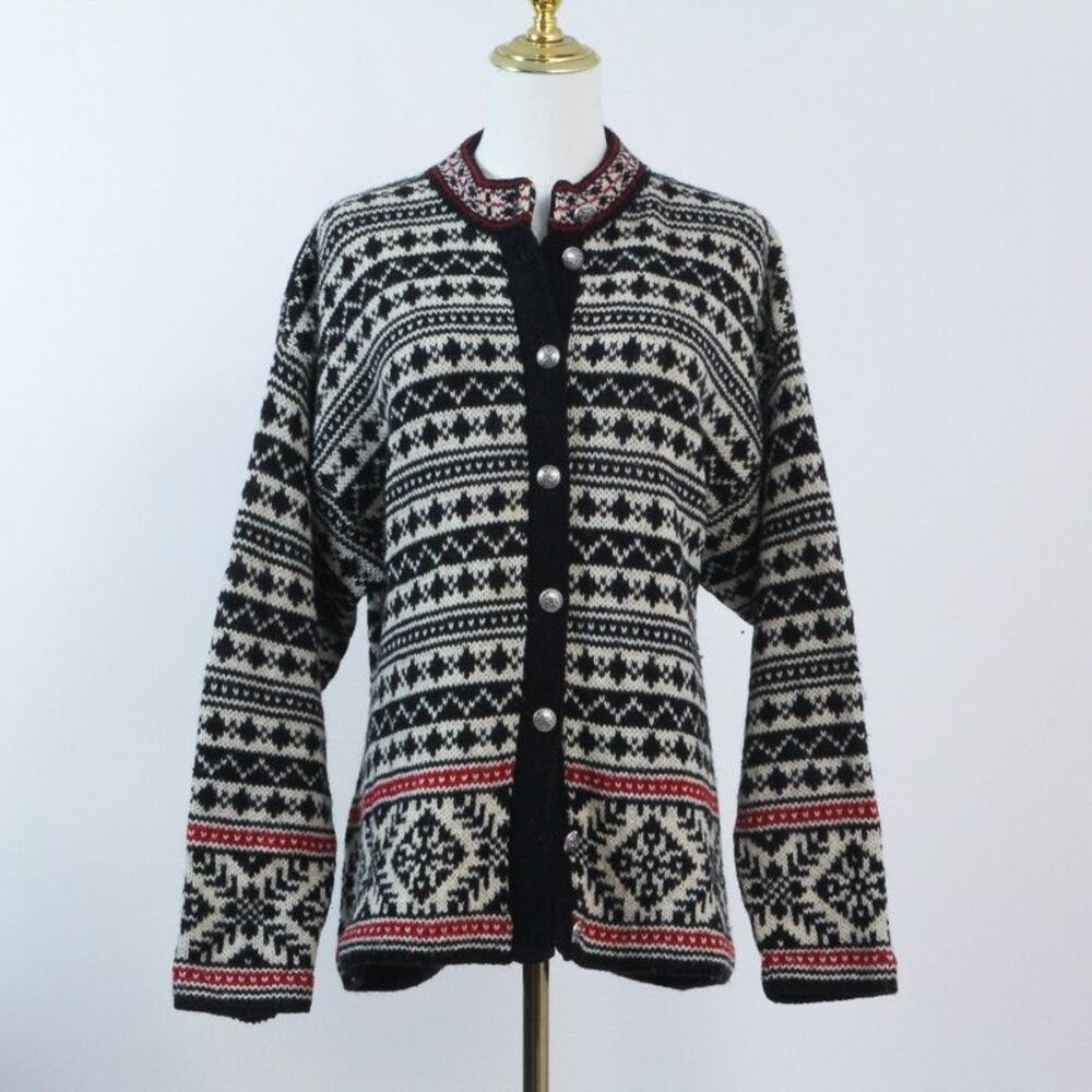 LL Bean Nordic Fair Isle Cardigan Womens Large Wool Blend Button Sweater USA